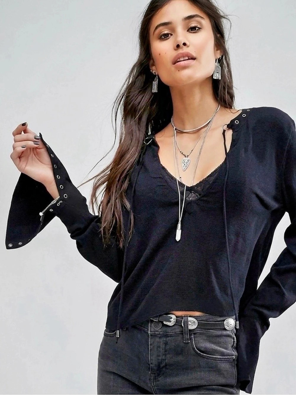 Free People Black Jump To The Beat Top With V Neck & Wide Flared Cuffs Small